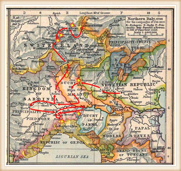 Схема Итальянского и Швейцарского похода Суворова