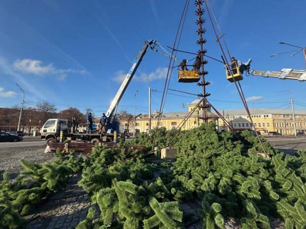 На площади Ленина в Рязани начали монтировать главную городскую ель