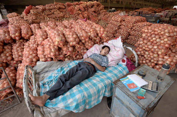 Продавец лука на овощном оптовом рынке в провинции Шаньси, Китай