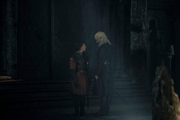 Archie Barnes as Oscar Tully and Matt Smith as Daemon Targaryen match wits at Harrenhal on House of the Dragon.