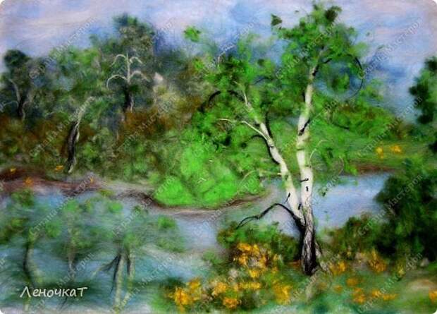 Картина панно рисунок Мастер-класс Валяние фильцевание Берёзовая роща у реки Шерсть фото 18