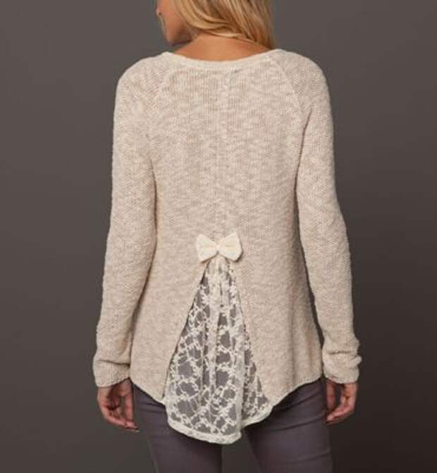 Easy jumper Hack - cut back of a sweater that's too small and insert lace. Cutting higher will make sweater looser in chest and neck. The wider the lace the more give.: 