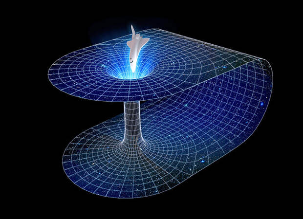 На этом рисунке - иллюстрация теории о "кротовых норах" Стивена Хокинга. Она примерно о том, что пространство и время не линейны и искривлены, поэтому при передвижениях по Вселенной можно использовать "короткие пути"