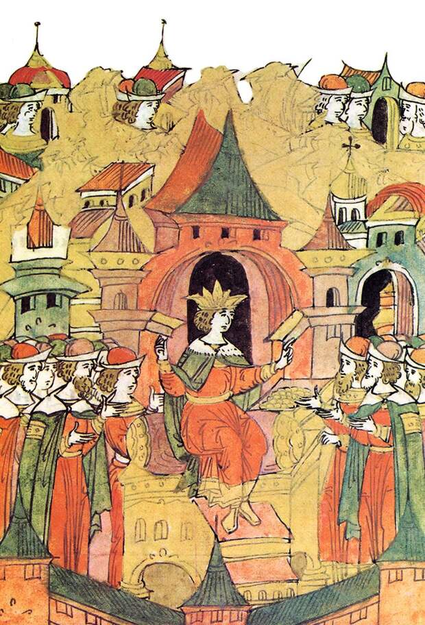 Венчание Ивана IV на царство. Миниатюра Лицевого летописного свода. XVI век.
