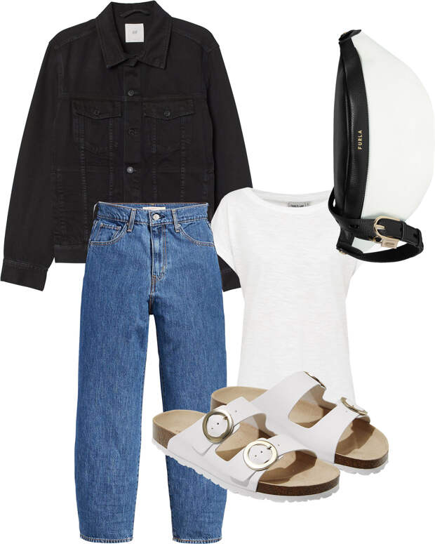 Жакет, H&M, 2999 руб.; футболка, Finn Flare, 1250 руб.; сумка, Furla, 23 500 руб.; биркенштоки, Oysho, 3590 руб.