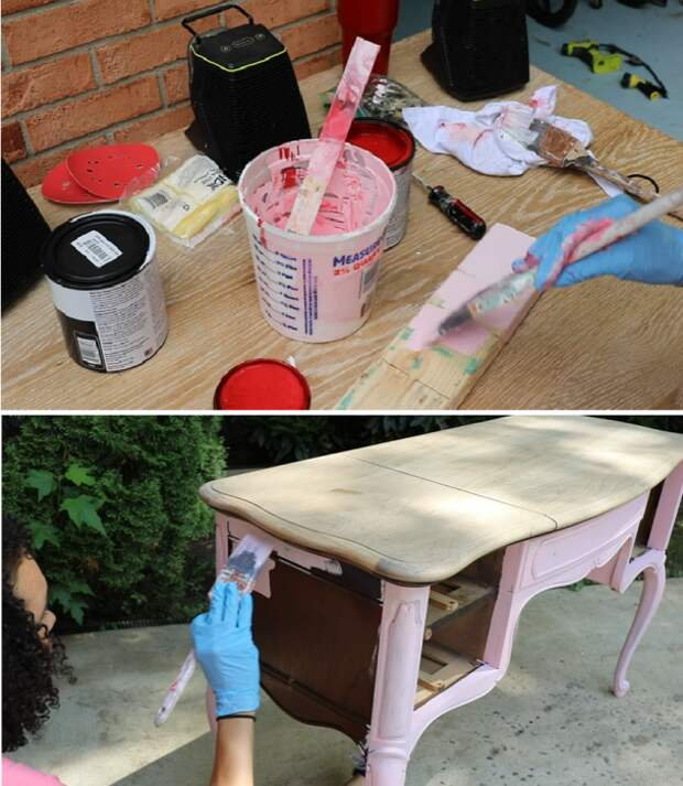 Процесс окрашивания основной части французского столика. | Фото: youtube.com/ © Thrift Diving. Процесс окрашивания основной части французского столика. | Фото: youtube.com/ © Thrift Diving.