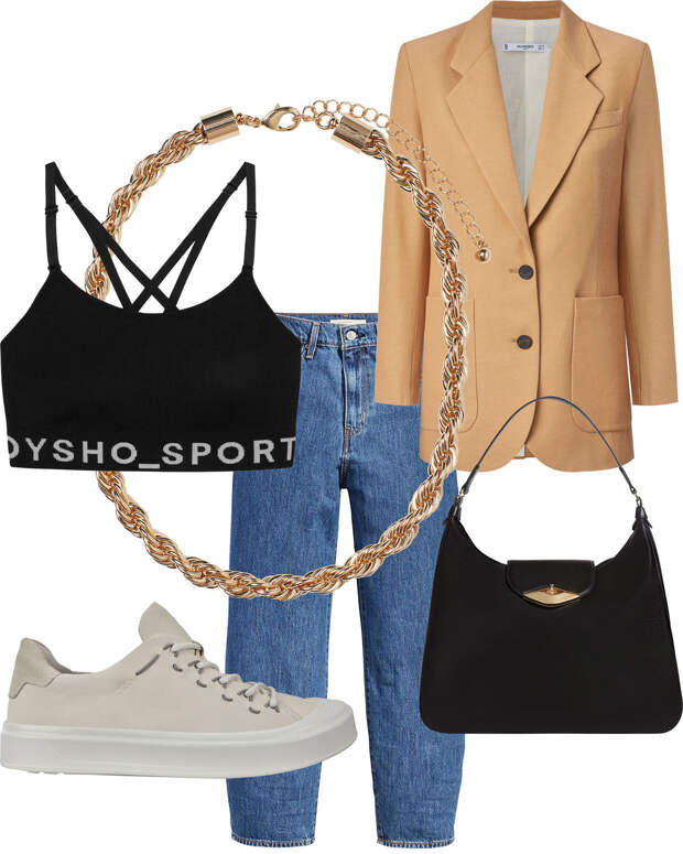 Джинсы (здесь и далее), Levi's, 8990 руб.; жакет, Mango, цена по запросу; топ, Oysho, 1699 руб.; сумка, Furla, 40 500 руб.; кроссовки, Ecco, 5999 руб.; колье, H&M, 799 руб. 