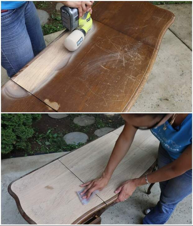 Для очистки поверхности стола можно использовать шлифовальную машину и наждачную бумаг. | Фото: youtube.com/ © Thrift Diving. Для очистки поверхности стола можно использовать шлифовальную машину и наждачную бумаг. | Фото: youtube.com/ © Thrift Diving.