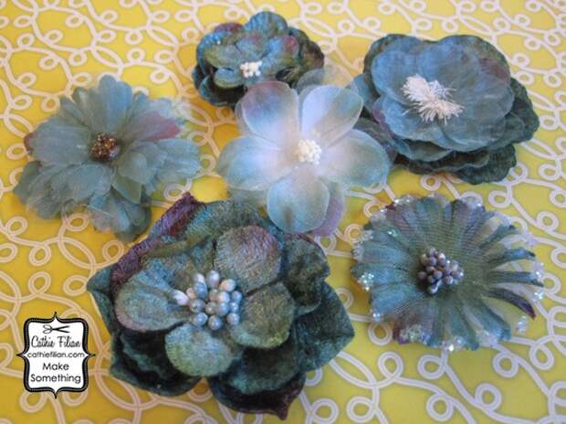 Тил Голубой цветок бархата и шелка Украшения - набор из шести цветов изменены - Дамских, Измененные Couture, волос Цветы