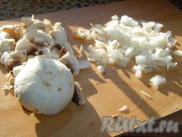 Очищаем лук и нарезаем небольшими кусочками, также поступаем с шампиньонами. 