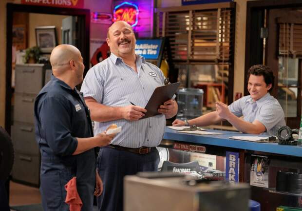 Jim, Reuben, and Georgie laughing at the shop on Georgie & Mandy's First Marriage Season 1 Episode 13