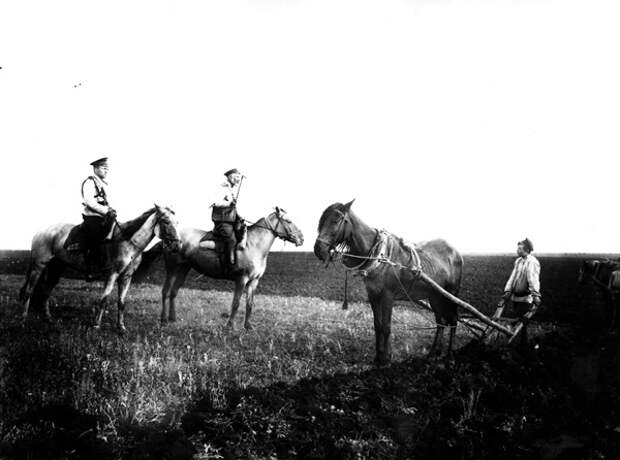 Полицейский запрещает крестьянину пахать землю своего помещика, 1906 год. Фото: Slava Katamidze Collection / Getty Images