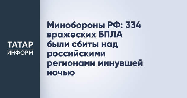 Минобороны РФ: 334 вражеских БПЛА были сбиты над российскими регионами минувшей ночью