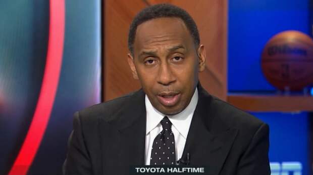 Stephen A Smith speaking at halftime show