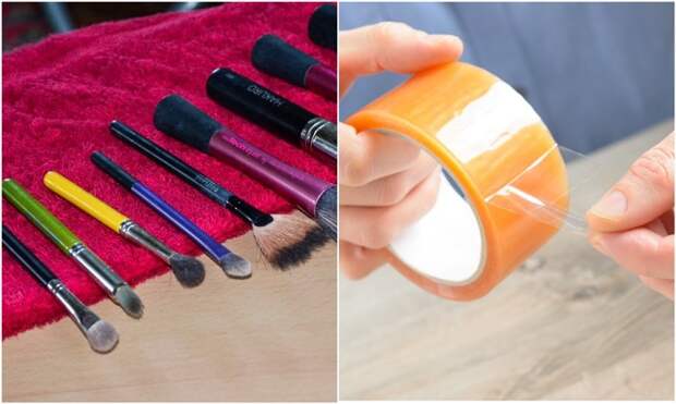 Скотч помогает очистить кисти для макияжа от пыли и косметики