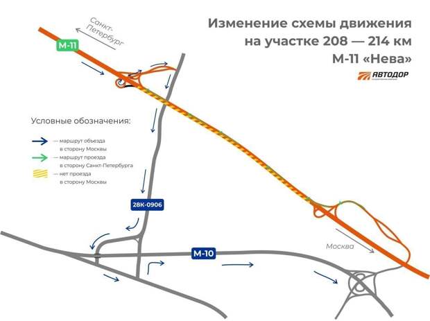 На трассе М-11 «Нева» закроют участок в направлении Москвы