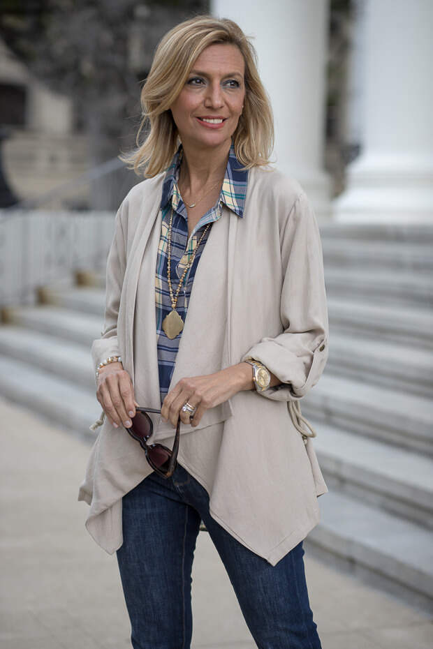 Blue and Tan Plaid Shirt With Tan Cascading Collar Jacket for women 