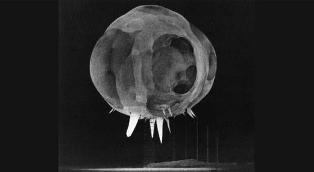 Операция Tumbler-Snapper 1952 года состояла из детонации атомной бомбы, прикрепленной к воздушному шару на высоте 90 метров. На этом фото видно, как шар плазмы испаряет швартовые тросы, создавая эффект шипов.