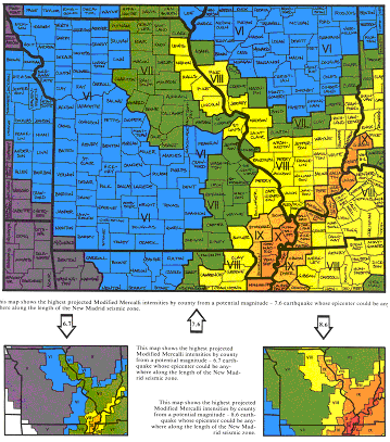 проекционная карта интенсивности землетрясений по американским округам центральной и восточной части страны