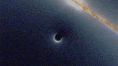 Моделирование гравитационного линзирования чёрной дырой, искажающей изображение галактики, перед которой она проходит.